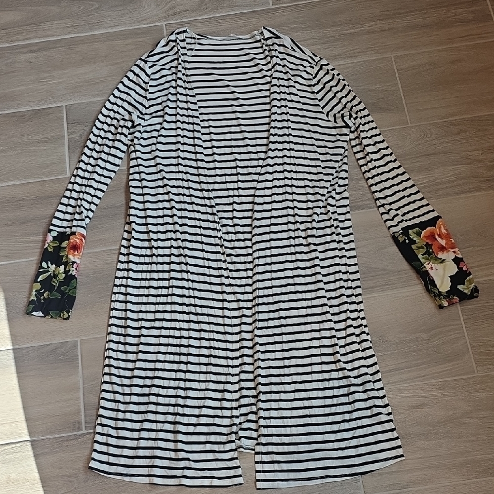 Striped Long Cardigan with Floral Accents